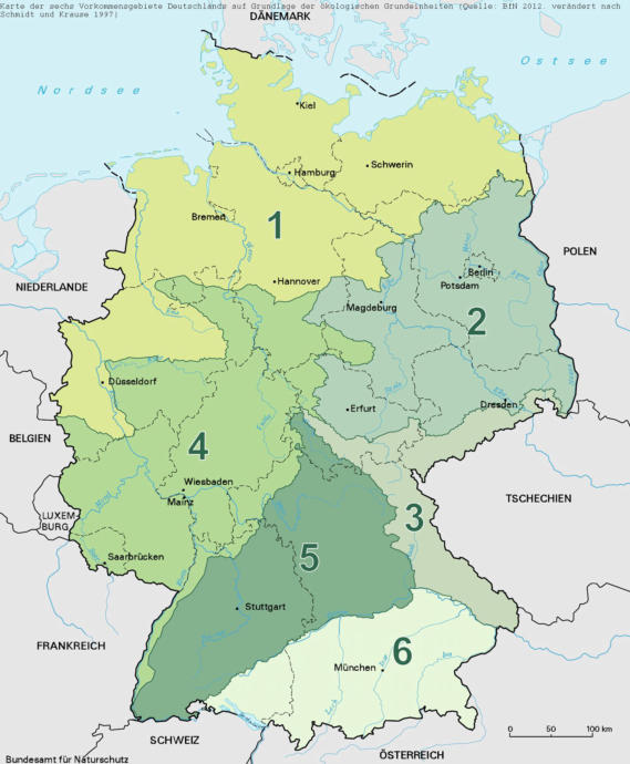 Karte der 6 Vorkommensgebiete Deutschland auf Grundlage der ökol. Grundeinheiten (Quelle: Leitfaden des bfn)